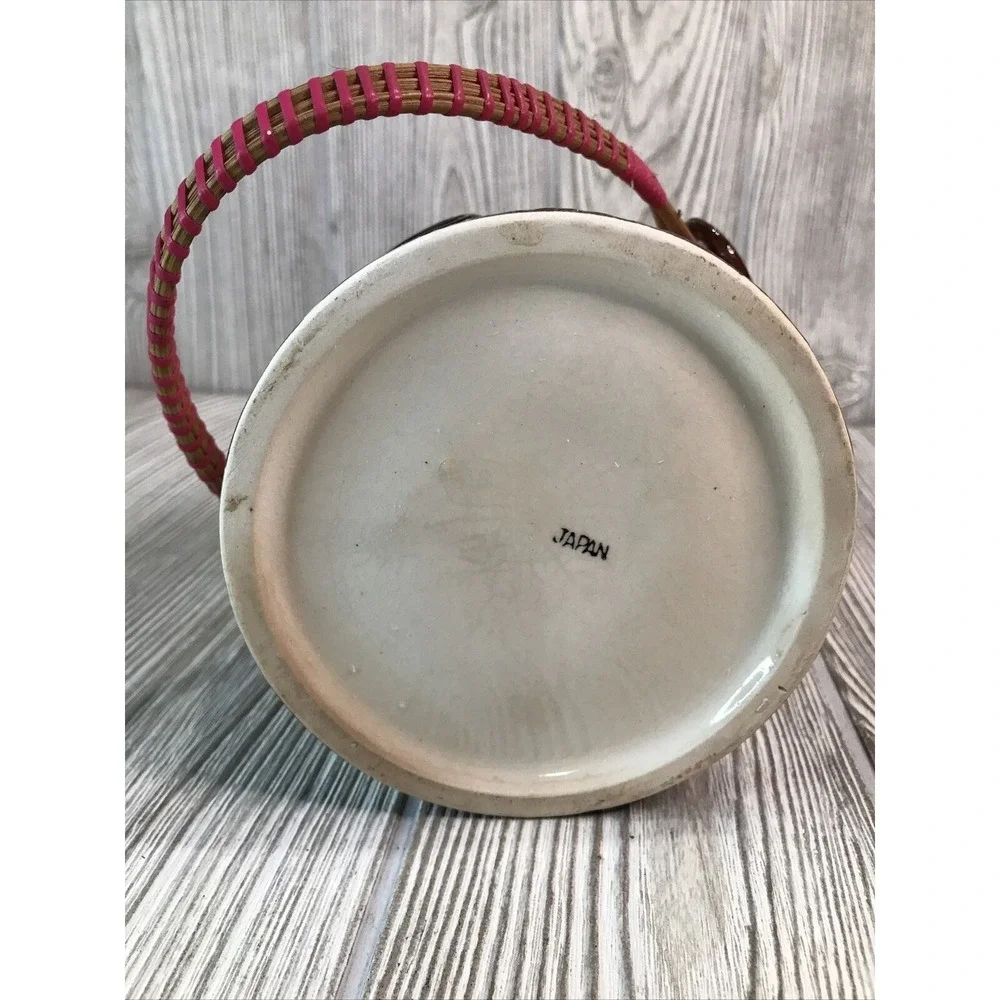 VTG Ceramic Cottage House Cookie Jar Biscuit Barrel Wicker Handle Hand Painted